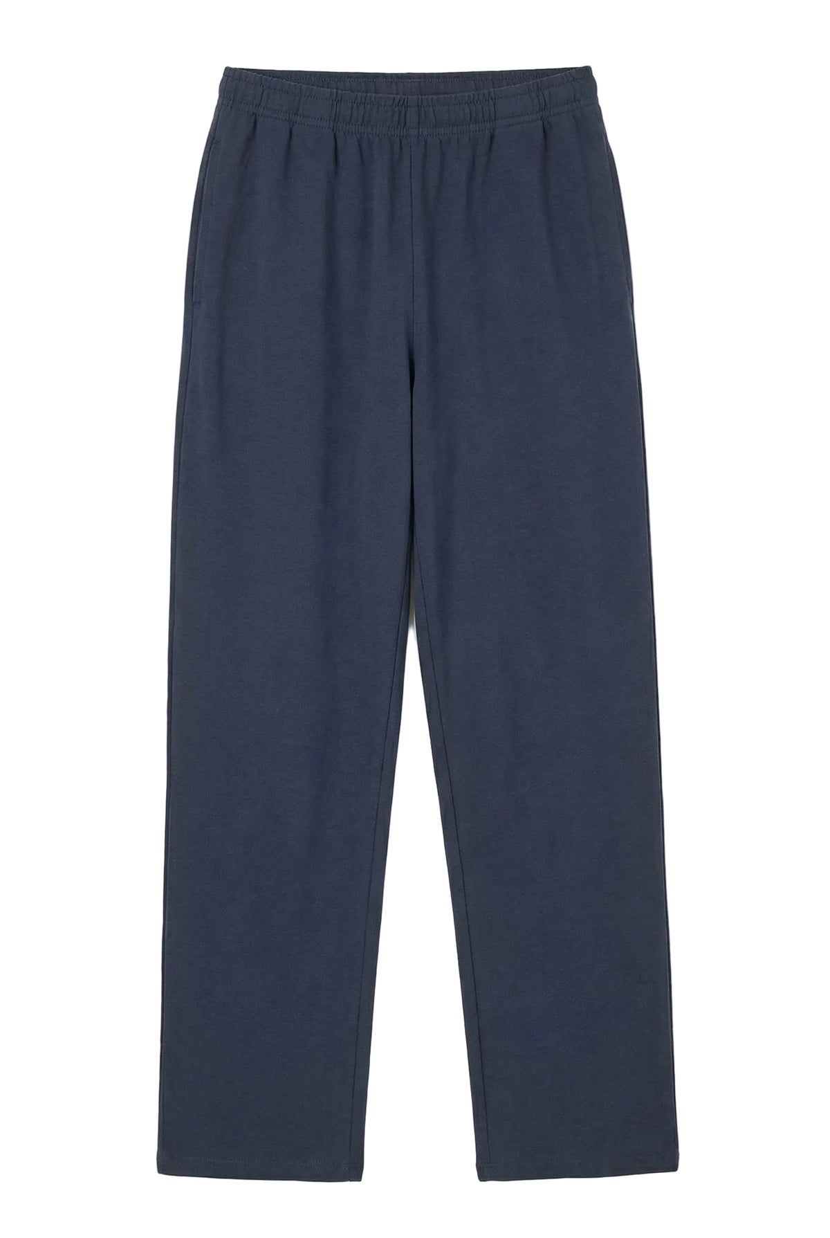 Steel blue Pima cotton lounge pants with elastic waistband, front view, on white background