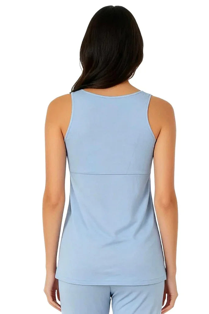 Woman wearing light blue sleeveless Pima cotton loungewear top and pants, back view