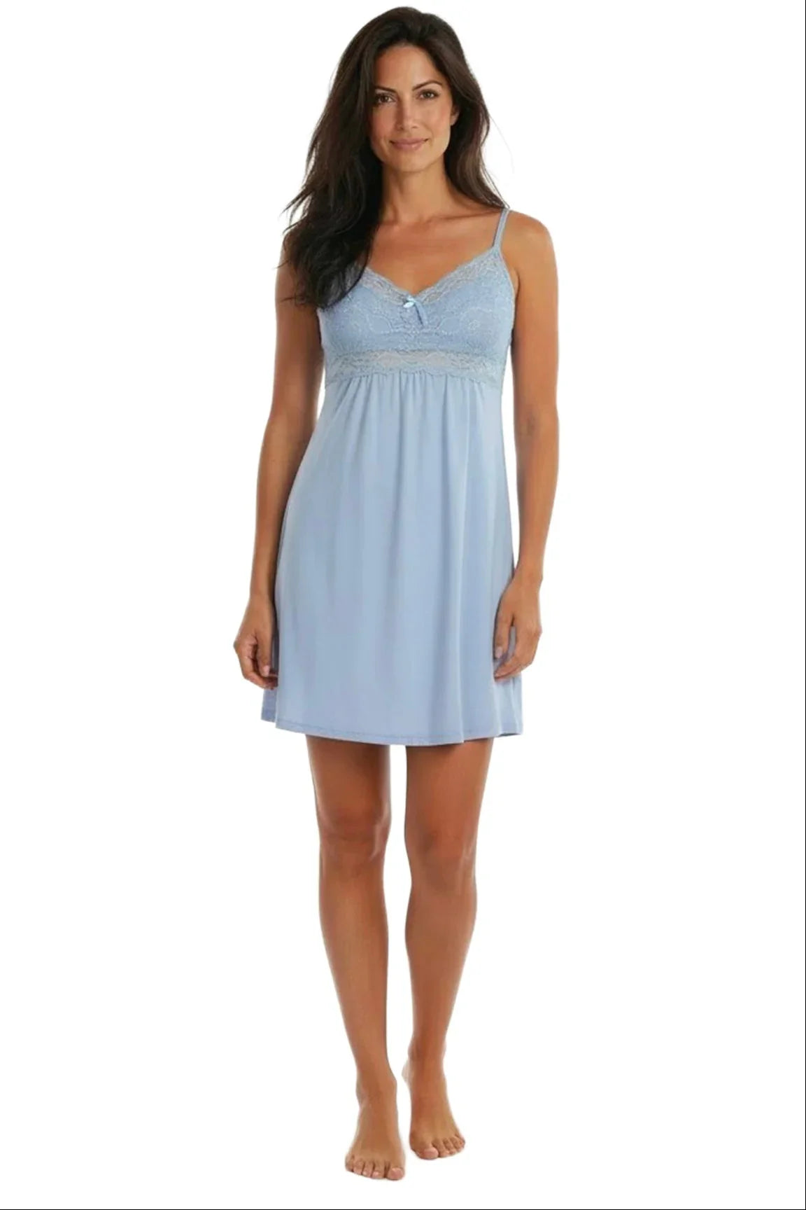 Woman wearing a light blue lace-trimmed loungewear sleep dress on white background