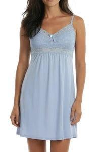 Light blue lace-trimmed chemise nightgown with adjustable straps, women's sleepwear