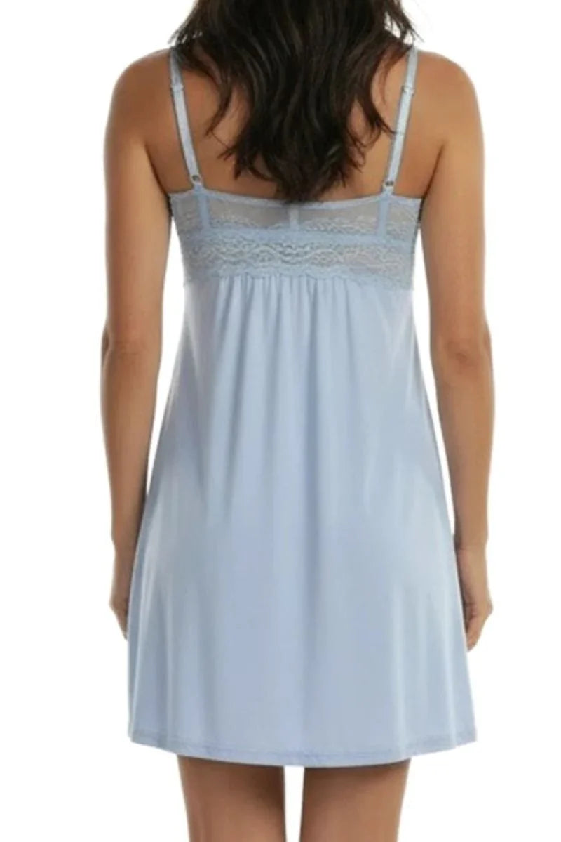 Back view of woman wearing light blue lace trim sleepwear nightgown with adjustable straps