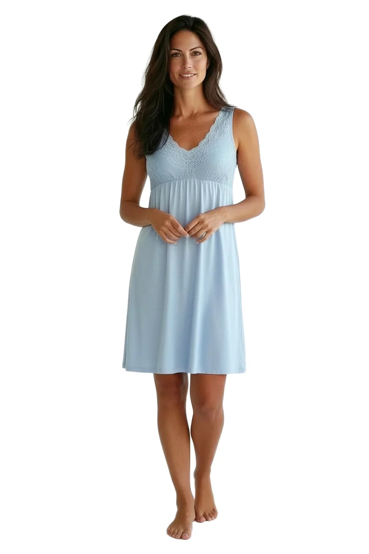 Woman wearing light blue sleeveless lace trim loungewear nightgown on white background