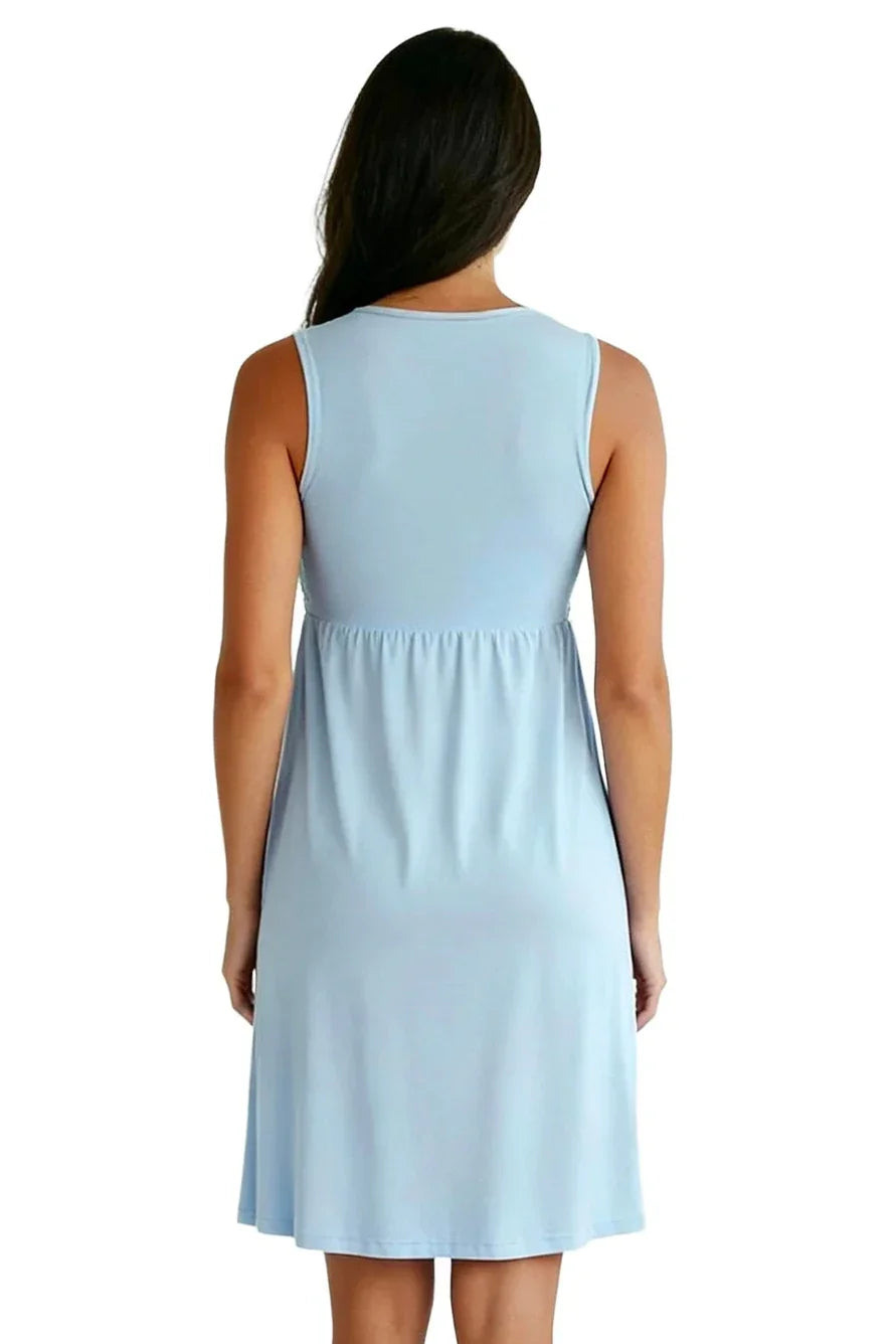 Back view of woman wearing light blue sleeveless Pima cotton loungewear dress