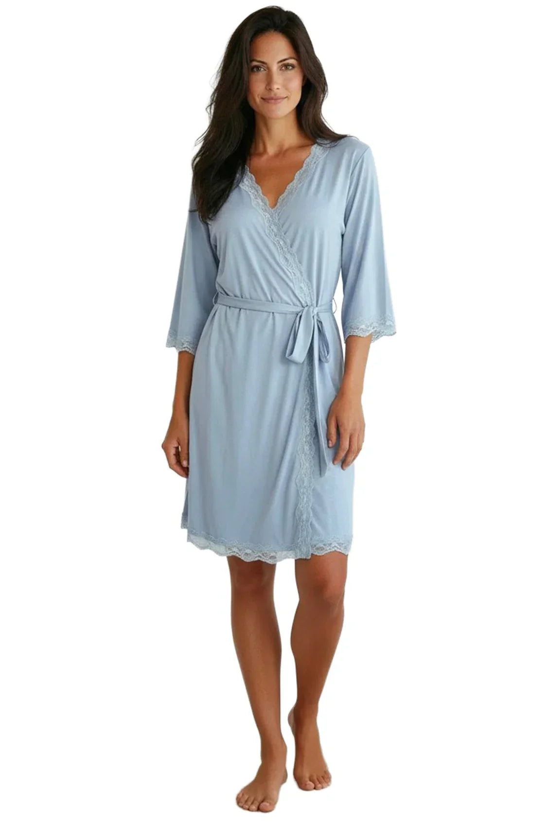 Woman wearing light blue Pima cotton robe with lace trim and tie waist, loungewear sleepwear