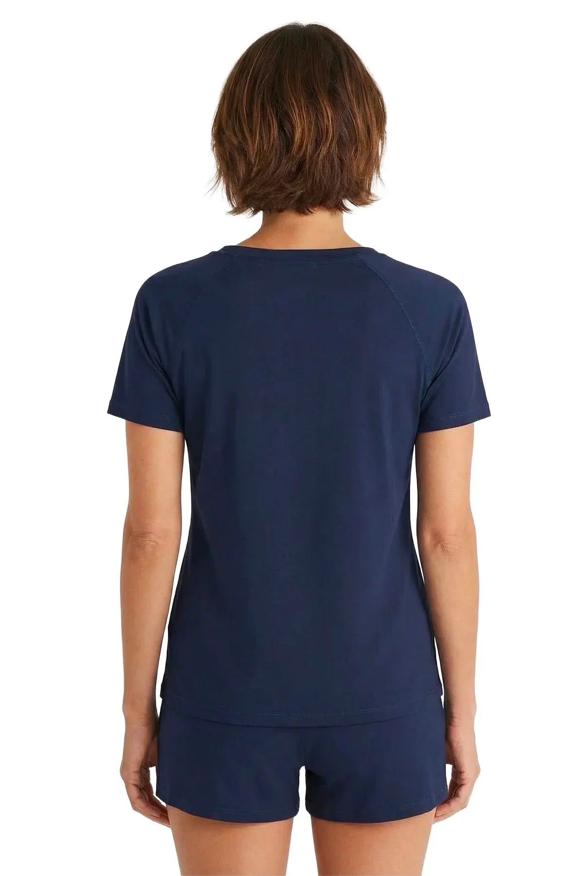 Woman wearing midnight blue Pima cotton loungewear sleepwear set, back view
