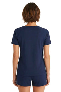Woman wearing midnight blue Pima cotton loungewear sleepwear set, back view