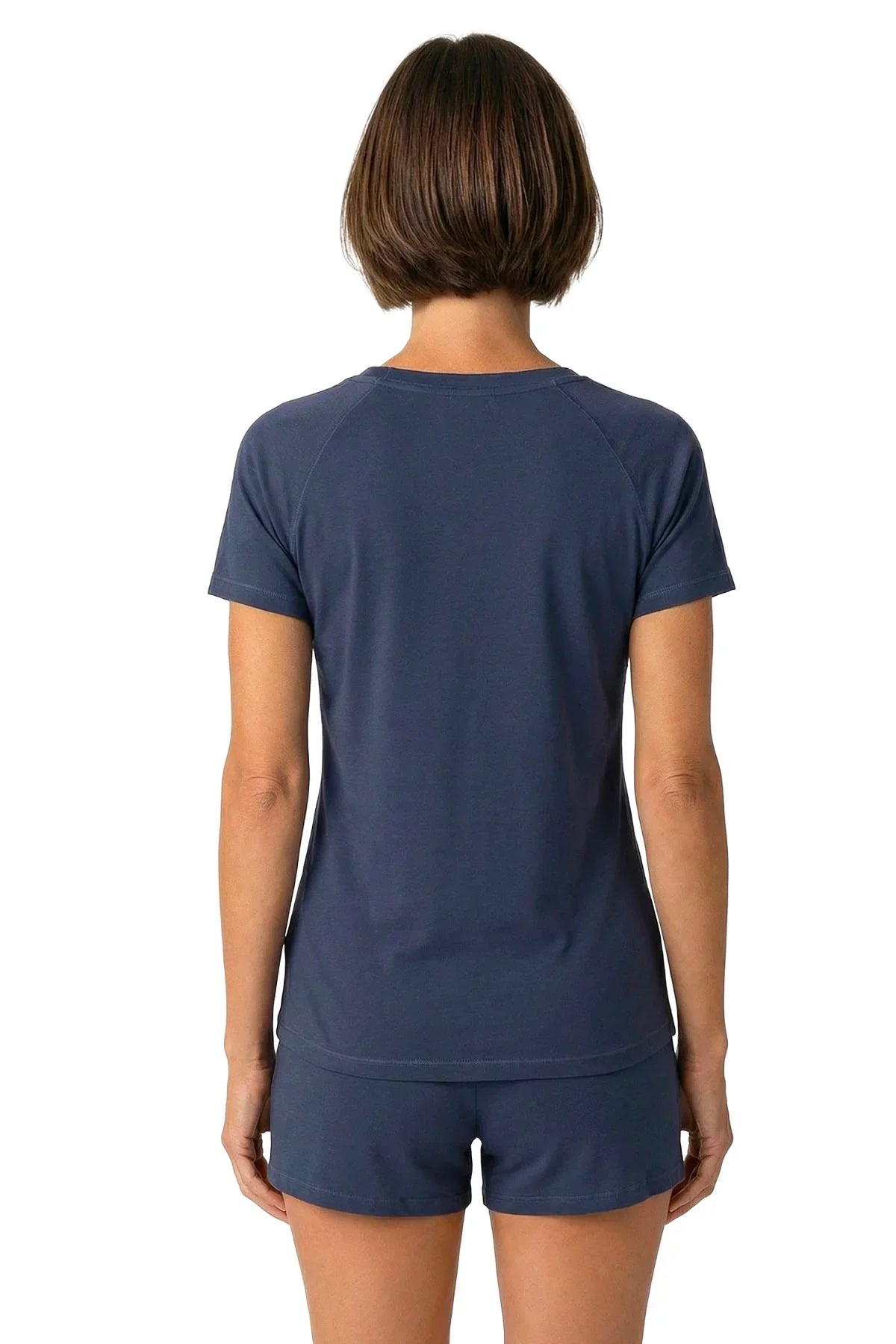 Woman wearing steel blue Pima cotton loungewear short-sleeve top and shorts, rear view