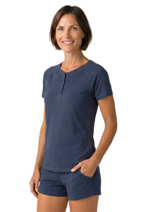 Woman wearing steel blue Pima cotton short sleeve sleepwear top and shorts set