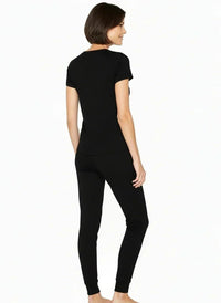 Woman wearing black Pima cotton loungewear set with short sleeve top and jogger pants