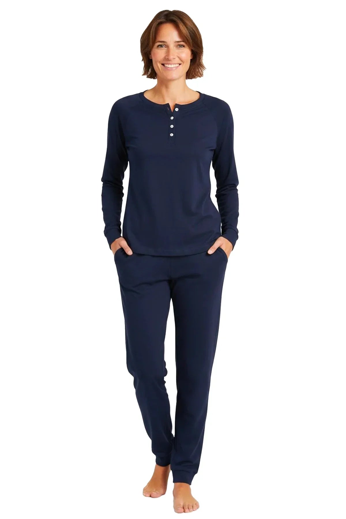 Woman wearing midnight blue long sleeve Pima cotton lounge set with jogger pants