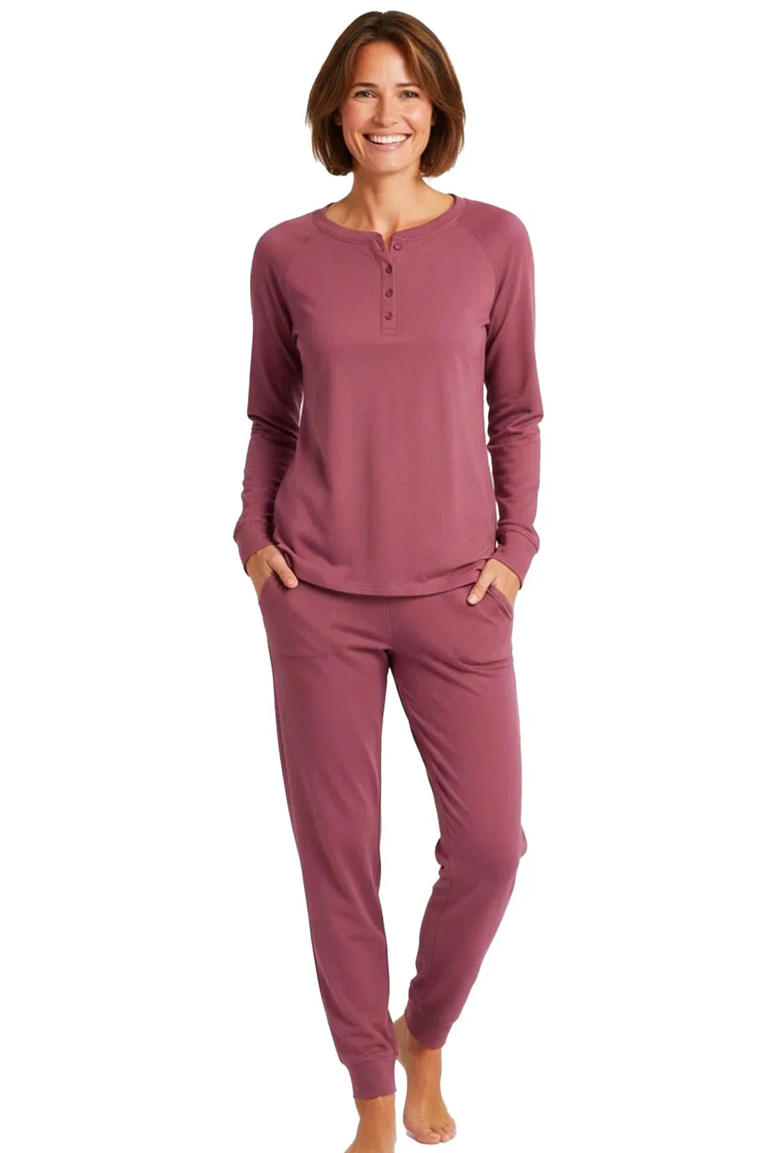 Woman wearing rosewood long sleeve Pima cotton loungewear set with jogger pants