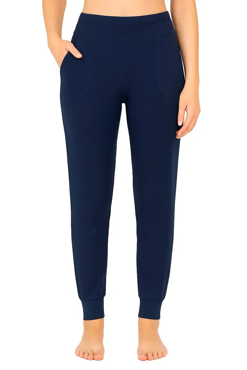 Midnight blue women's lounge jogger pants in soft fabric with pockets, front view