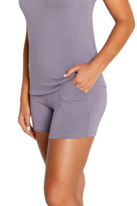 Woman wearing lavender Pima cotton loungewear shorts and matching top