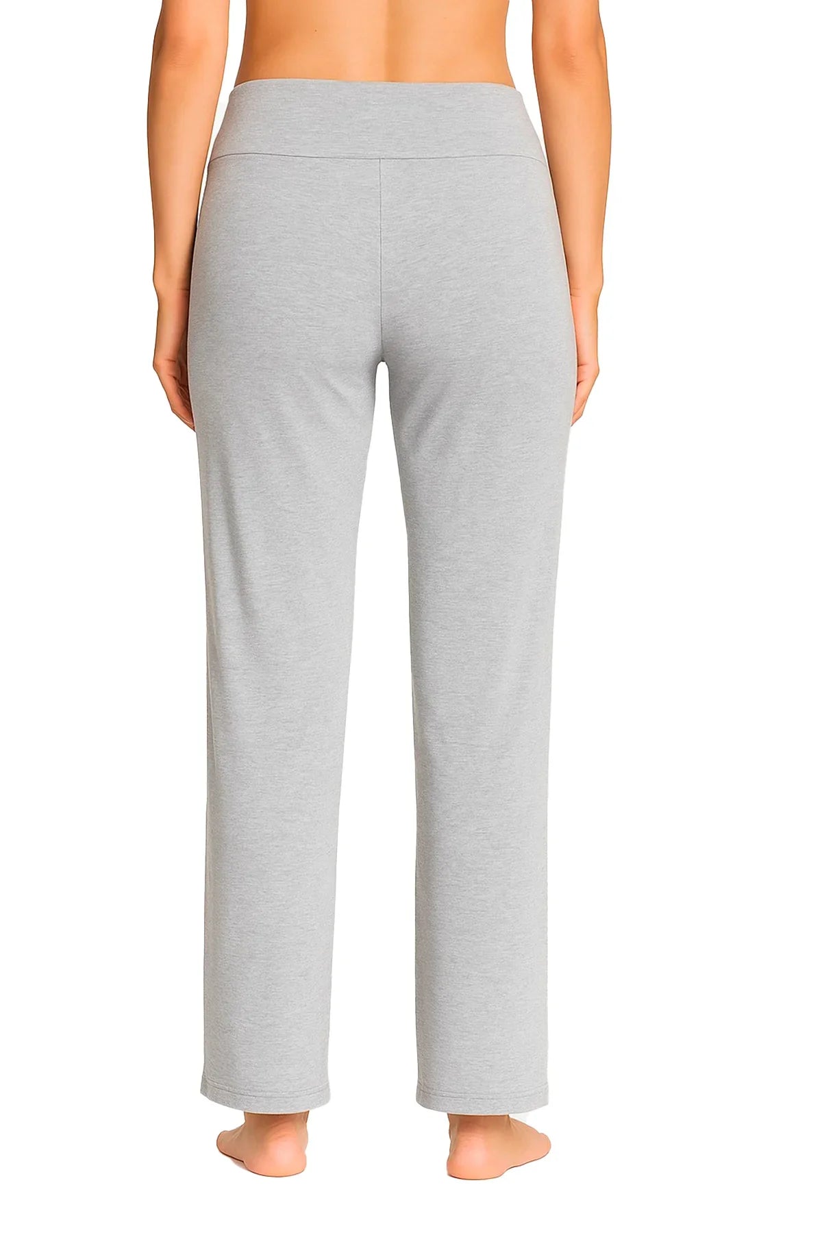 Back view of woman wearing heather gray lounge pants with wide waistband barefoot on white background