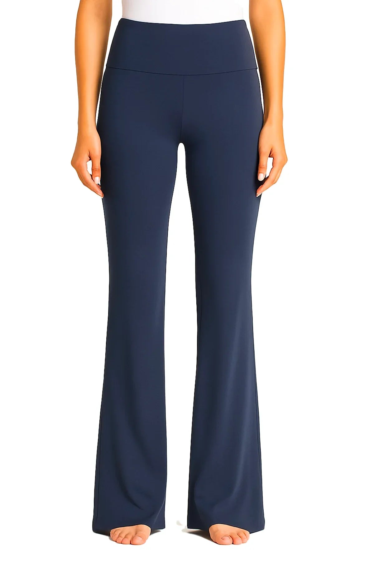 Women's steel blue wide-leg yoga pants with high waistband, barefoot model on white background