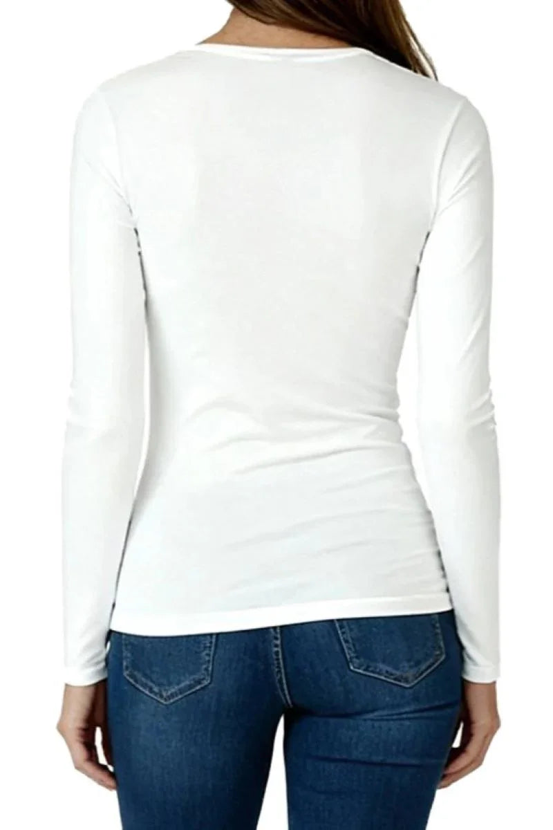 Woman wearing plain white long-sleeve fitted top and blue denim jeans, back view