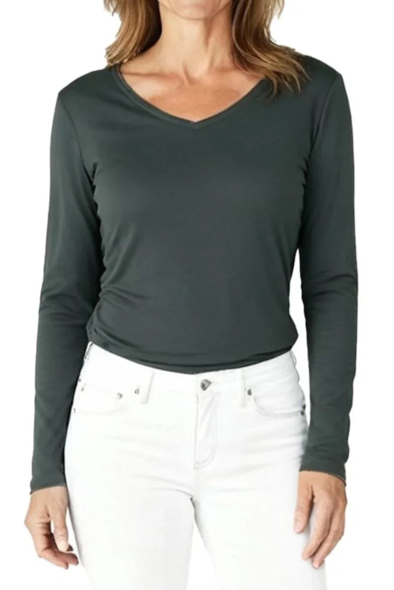 woman wearing spruce green long sleeve V-neck shirt with white jeans