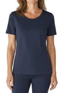 Woman wearing steel blue short-sleeve crew neck t-shirt and matching pants