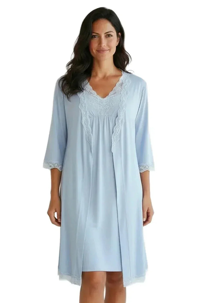 Woman wearing light blue lace-trimmed chemise robe set, 3/4 sleeves, soft loungewear